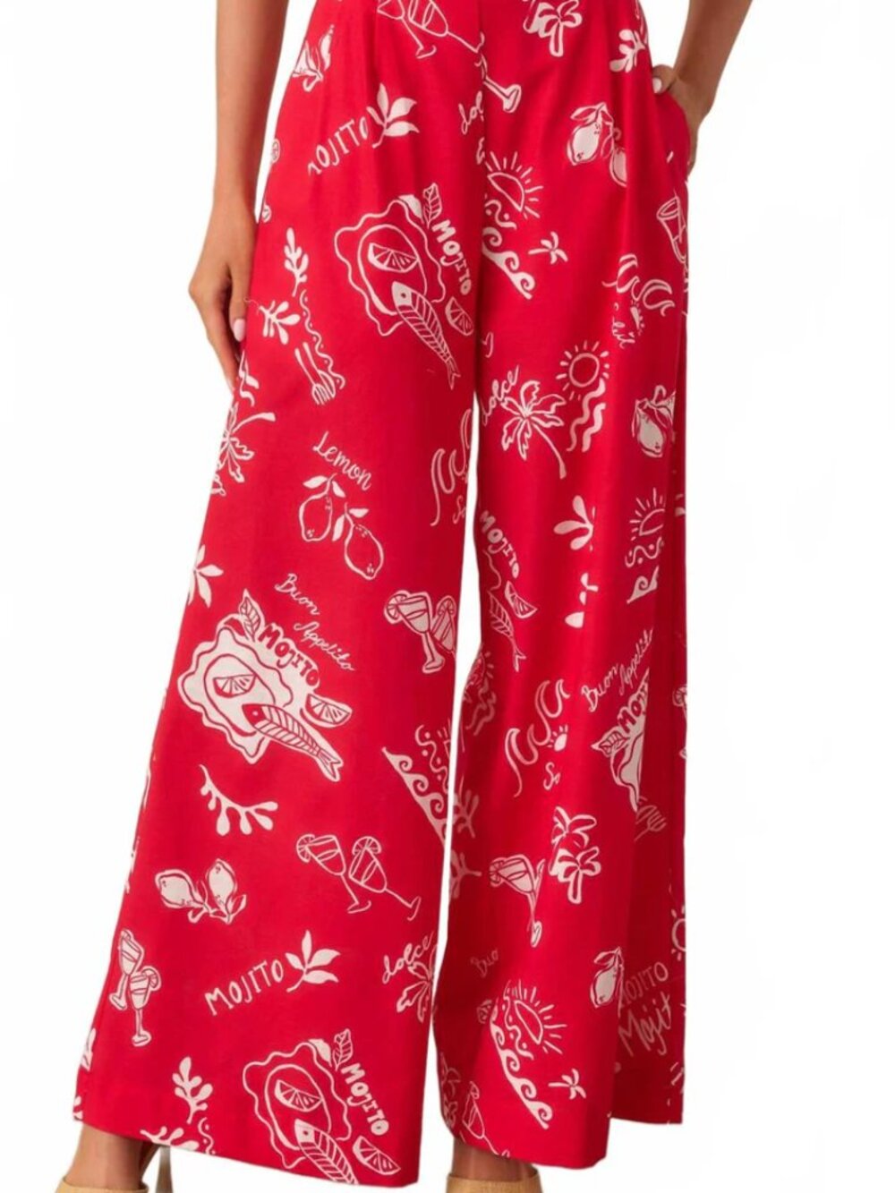 Prosperina Nina Red Mojito Print Linen Blend Wide Leg Pants Size L NWT